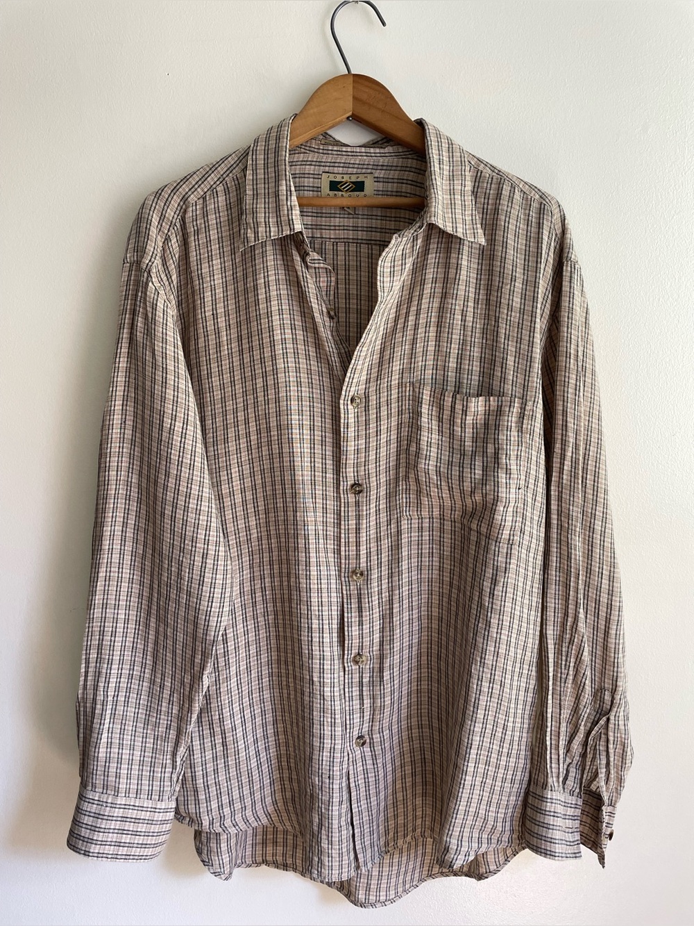 Joseph Abboud 100% Linen Plaid Button Up Shirt Men’s M Beige Italian Fabric